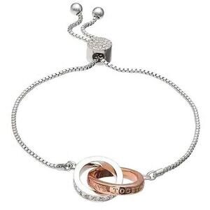 IBB Bolo Bracelet ALWAYS TOGETHER Love Rings Two Tone Pave Crystals Slider Chain